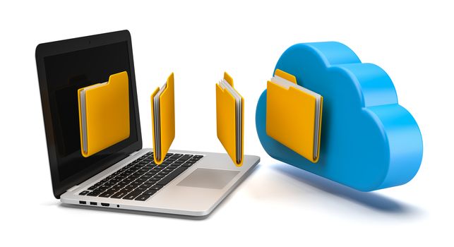 Laptop Computer Transferring Data to a Blue Cloud 3D Illustration on White Background