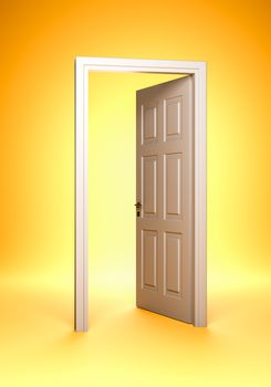 Open White Door on Orange Yellow Background 3D Render