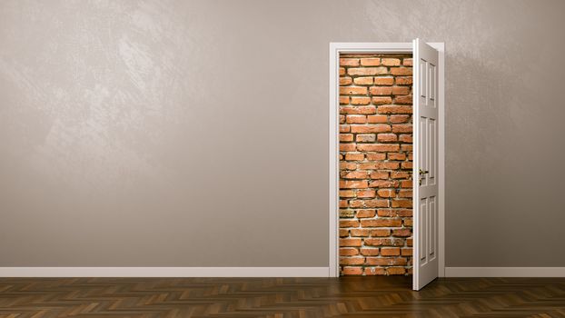 Open Door with Wall of Bricks Behind 3D Illustration with Copyspace