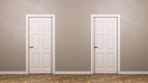 Two Closed White Doors in Front in the Room 3D Illustration