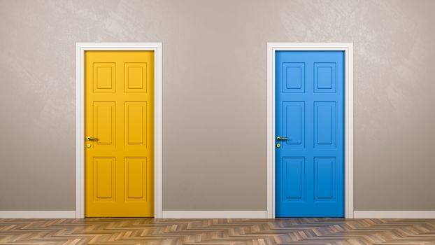 Two Closed Doors with Different Color in Front in the Room 3D Illustration, Choice Concept