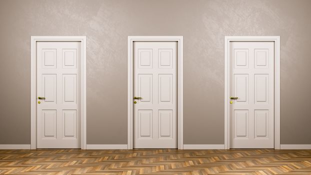 Three Closed White Doors in Front in the Room 3D Illustration