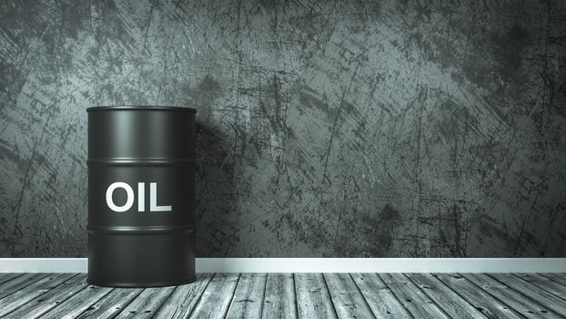 Single Black Oil Barrel Against the Wall of a Room, 3D Render