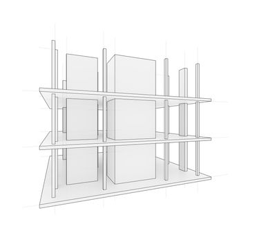 Drawing or sketch of a house under construction. Construction site. Main line, back contour and auxiliary lines. 3D illustration