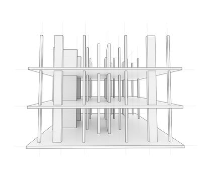 Drawing or sketch of a house under construction. Construction site. Main line, back contour and auxiliary lines. 3D illustration