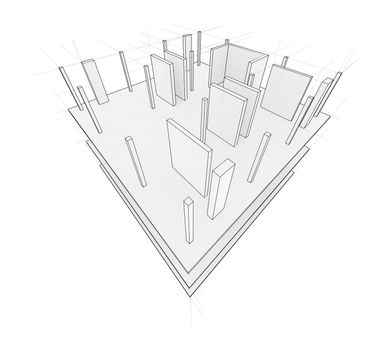 Drawing or sketch of a house under construction. Construction site. Main line, back contour and auxiliary lines. 3D illustration