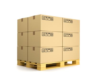 Stack of Cardboard Boxes on Wooden Pallet Isolated on White Background 3D Illustration