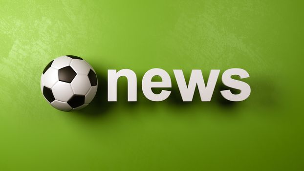 Soccer Ball and White News Text Against Green Wall 3D Illustration, Sports News Concept