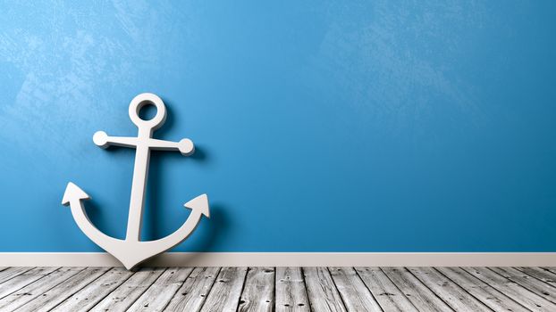 White Naval Anchor Symbol Shape on Wooden Floor Against Blue Wall with Copy Space 3D Illustration