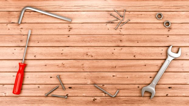 Work Tools on Wooden Floor with Copy Space 3D Illustration