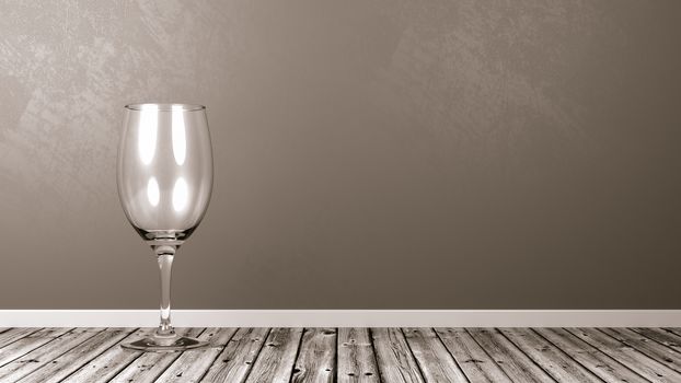 Empty Wine Glass on Rustic Wooden Floor Against Grey Wall with Copyspace 3D Illustration