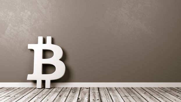 White Bitcoin Symbol Shape on Wooden Floor Against Grey Wall with Copy Space 3D Illustration