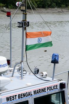 West Bengal marine police vessel loge on GSL/GRSE Interceptor Boats, a Indian high speed patrol boats equipped with ultra modern navigation System. Garden Reach Shipyard, Kolkata, India Asia, May 2019