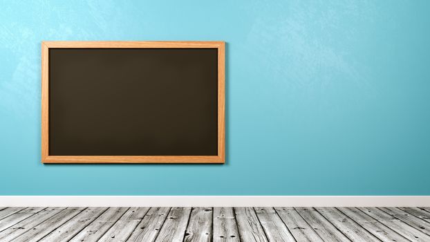 Blank Blackboard at the Wall in the Room with Copyspace, Blue Background 3D Illustration