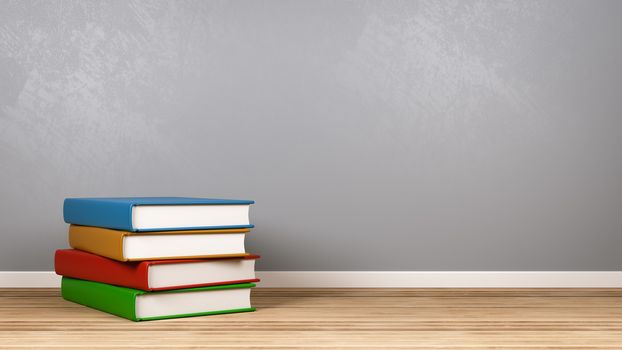 Stack of Books on Wooden Floor Against Gray Wall with Copy Space 3D Illustration