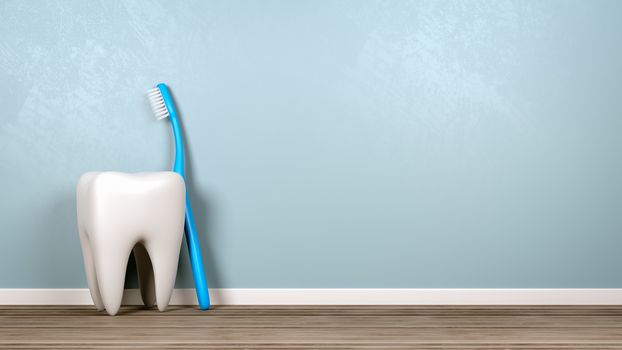 Tooth and a Blue Plastic Toothbrush on Wooden Floor Against Blue Wall with Copy Space 3D Illustration