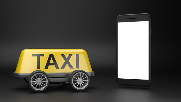 Yellow Taxi Roof Sign on Wheels and a White Screen Smartphone on Black Background 3D Illustration