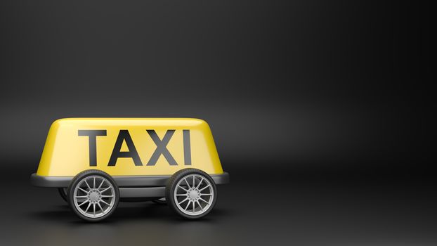 Yellow Taxi Roof Sign on Wheels on Black Background with Copyspace 3D Illustration