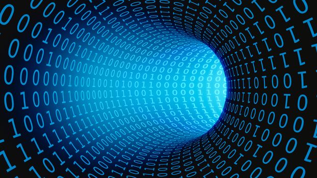 Binary Code Data Transmission in a Tunnel, 3D Illustration