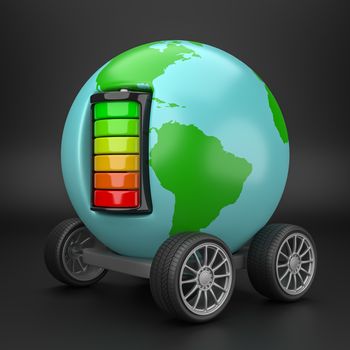 Earth Planet with Wheels Powered by an Electric Battery on Black Background 3D Illustration