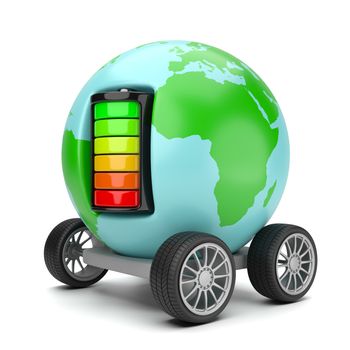 Earth Planet with Wheels Powered by an Electric Battery on White Background 3D Illustration