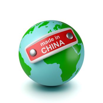 World with Made in China Text on Label 3D Illustration on White Background