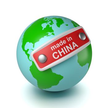 World with Made in China Text on Label 3D Illustration on White Background