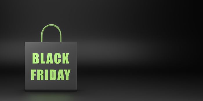 One Black Shopping Bag with Black Friday Text on Black Background with Copyspace 3D Illustration