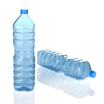 Two Empty Transparent Blue Plastic Water Bottles on White Background 3D Illustration