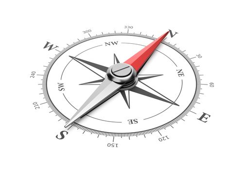 Compass with Red Magnetic Needle Pointing Toward the North on White Background 3D Illustration
