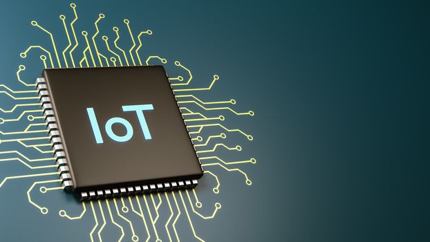 Computer Processor with IoT Text with Copyspace 3D Illustration, Internet Of Things Concept