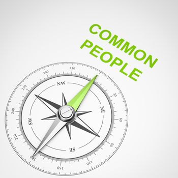 Magnetic Compass with Needle Pointing Green Common People Text on White Background 3D Illustration