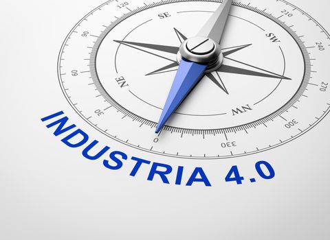 Magnetic Compass with Needle Pointing Blue Industry 4.0 Italian Text on White Background 3D Illustration
