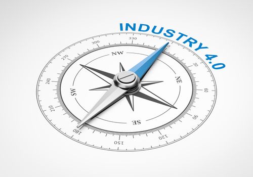 Magnetic Compass with Needle Pointing Blue Industry 4.0 Text on White Background 3D Illustration