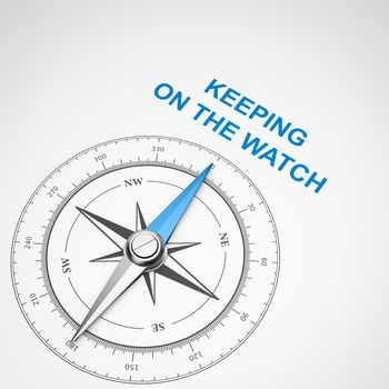 Magnetic Compass with Needle Pointing Blue Keeping on the Watch Text on White Background 3D Illustration