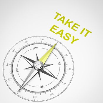 Magnetic Compass with Needle Pointing Yellow Take It Easy Text on White Background 3D Illustration