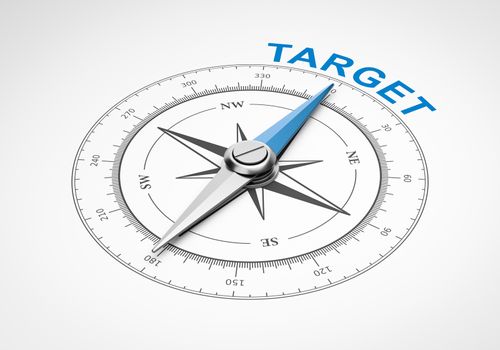 Magnetic Compass with Needle Pointing Blue Target Word on White Background 3D Illustration