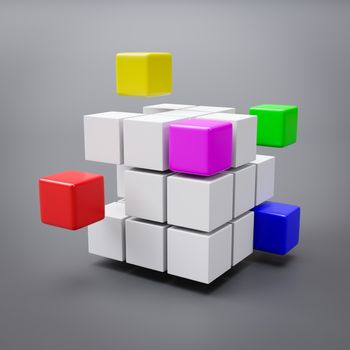 Combining Multicolor Cubes on Gray Background, Teamwork Project Concept 3D Illustration