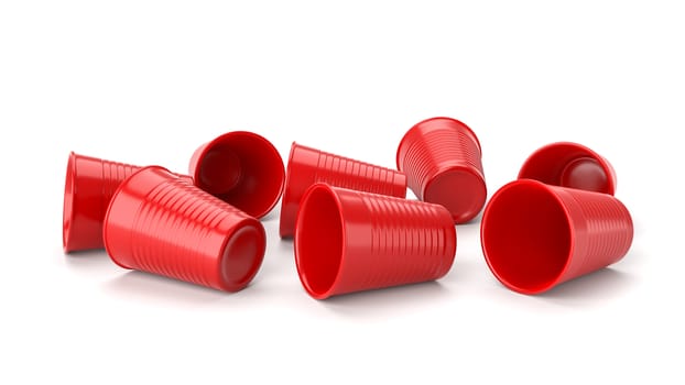 Messy Group of Red Plastic Cups on White Background 3D Illustration