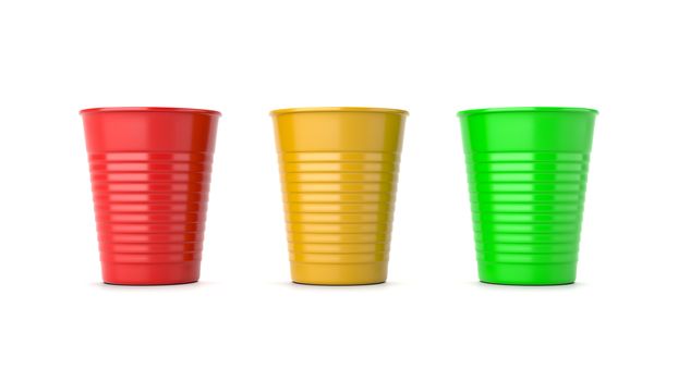 Set of Three Red, Yellow and Green Plastic Cups Isolated on White Background 3D Illustration
