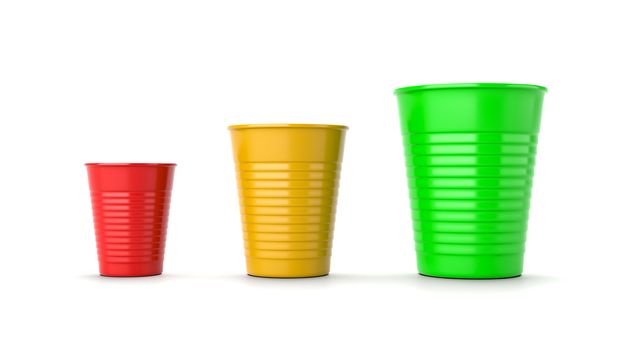 Set of Three, Increasing Size, Red, Yellow and Green Plastic Cups Isolated on White Background 3D Illustration