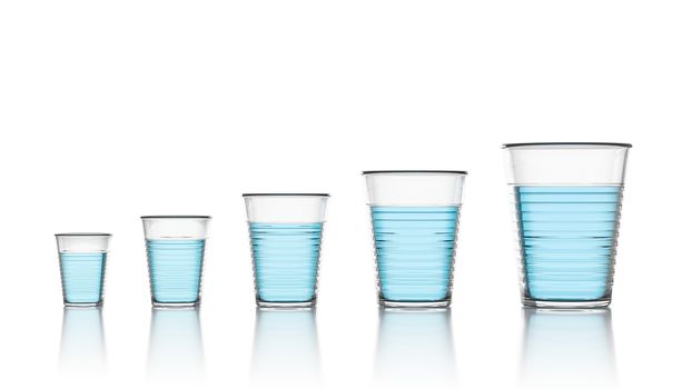 Set of Five, Increasing Size, Transparent Plastic Cups with Blue Water Isolated on White Background 3D Illustration