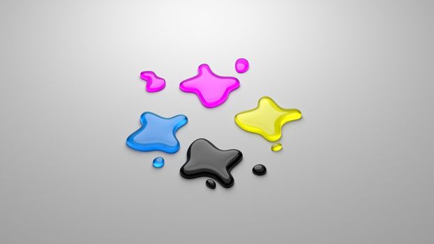 CMYK Four Colors Ink Puddles on Gray Background 3D Illustration,  Four-Color Process Concept