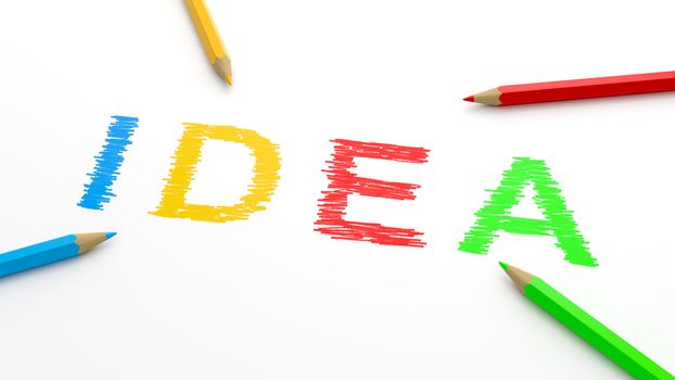 Idea Word Text with Colorful Wooden Pencils on White Background 3D Illustration, Cooperation Concept
