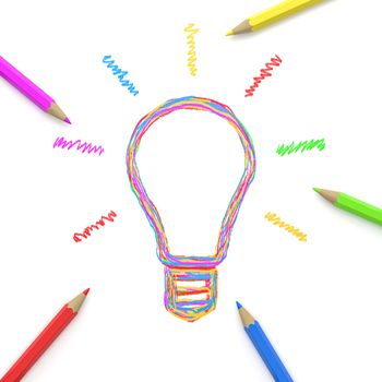 Colorful Wooden Pencils Drawing Together a Light Bulb on White Background 3D Illustration, Crowdsourcing Concept