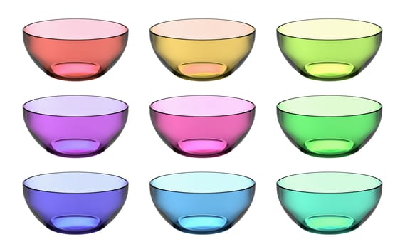 Empty Colorful Glass Bowl Collection Isolated on White Background 3D Illustration