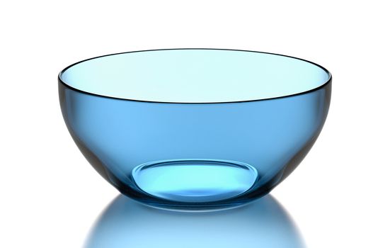 One Single Empty Transparent Blue Glass Bowl on White Background 3D Illustration