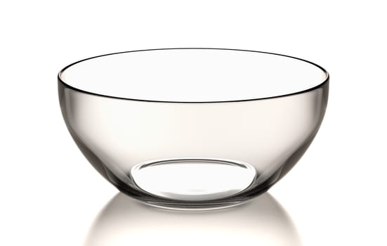 One Single Empty Transparent Glass Bowl on White Background 3D Illustration