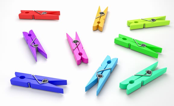 Group of Colorful Plastic Clothespin on White Background 3D Illustration