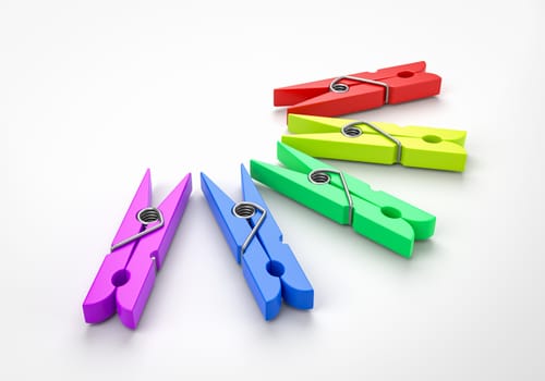 Set of Five Colorful Plastic Clothespin on White Background 3D Illustration